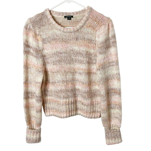 Wild Fable Women's Cropped Fuzzy Sweater M Peach Striped Crew Neck Puff Sleeve - Picture 3 of 9